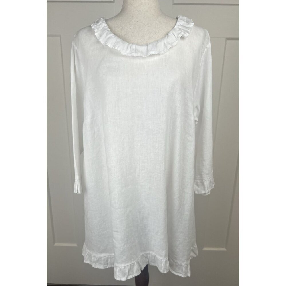 Match Point USA White Linen Ruffle Tunic Dress L Made in USA 3/4 Sleeve Cottage